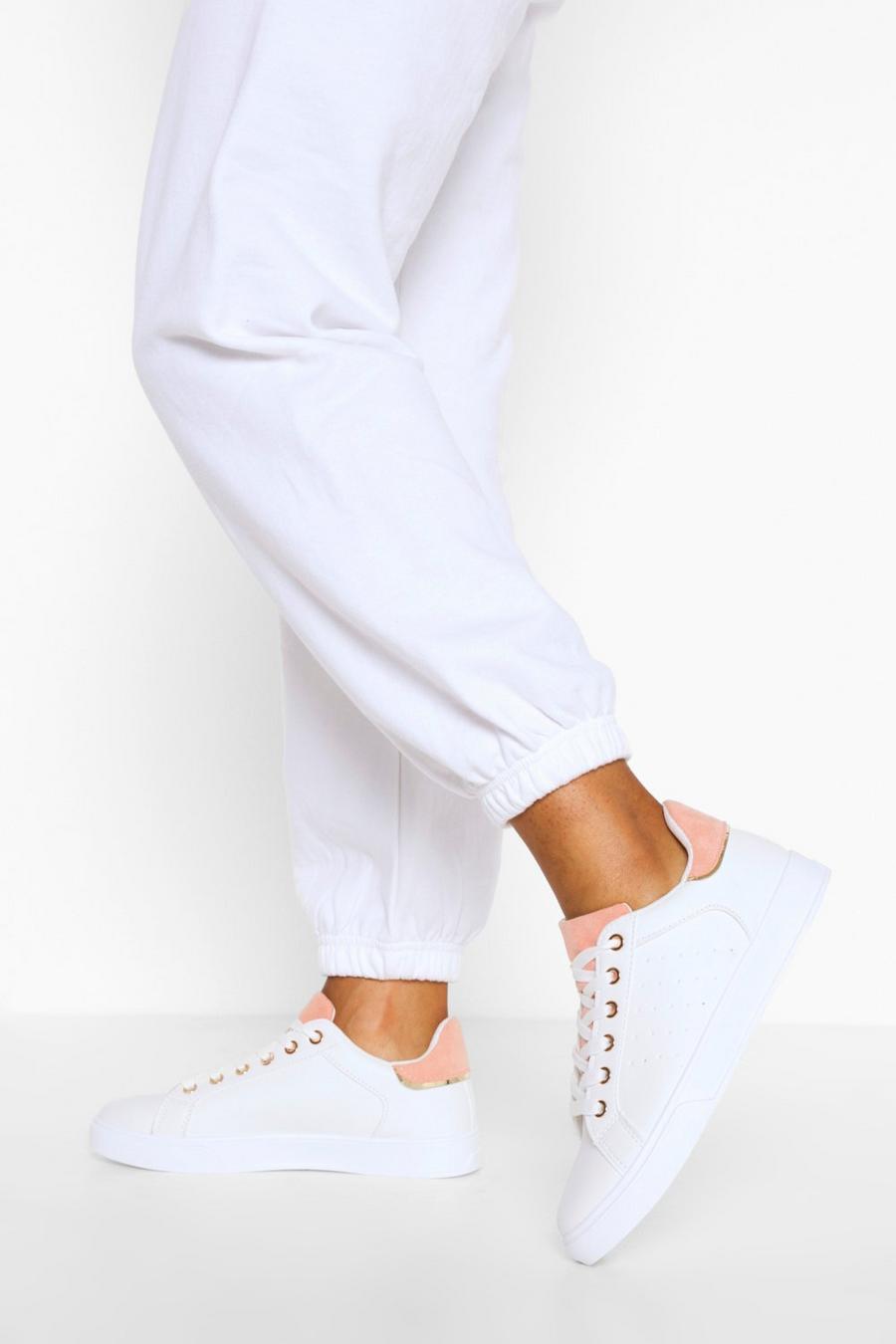 White Contrast Panel Lace Up Flat Trainers image number 1