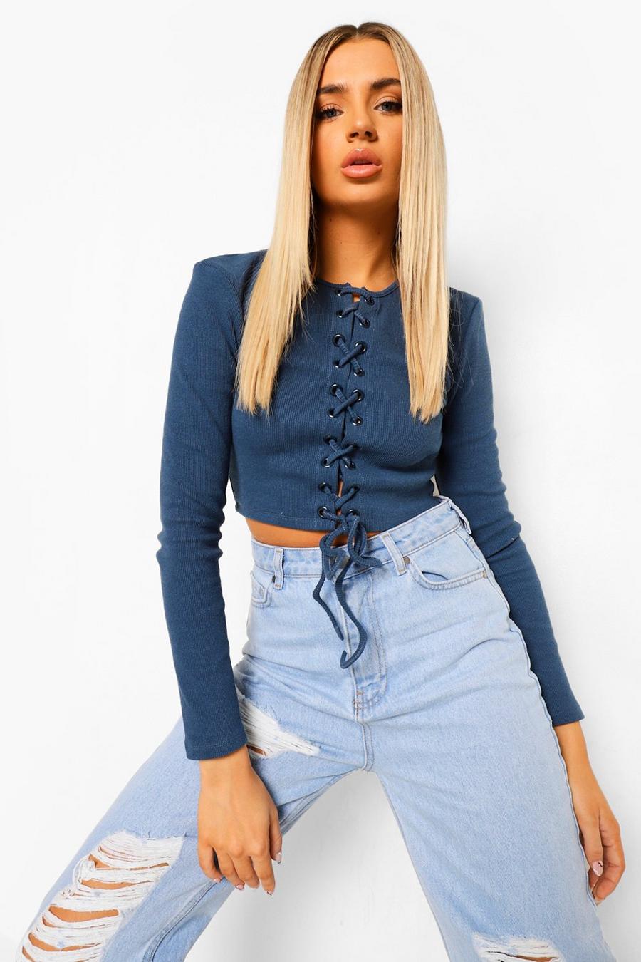 Teal Long Sleeve Lace Up Detail Crop Top image number 1