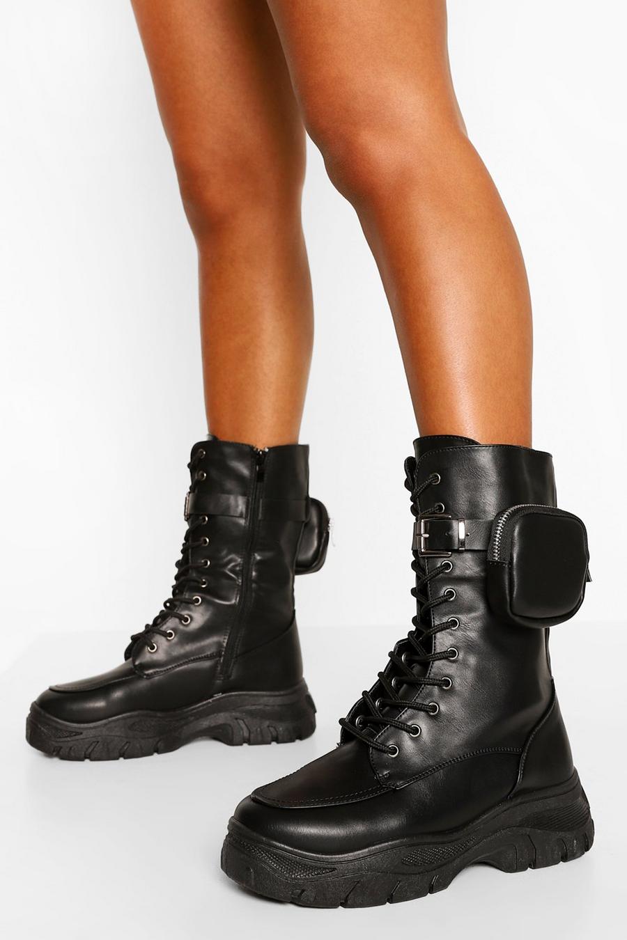 Black Pouch Detail Calf High Chunky Hiker Boots image number 1