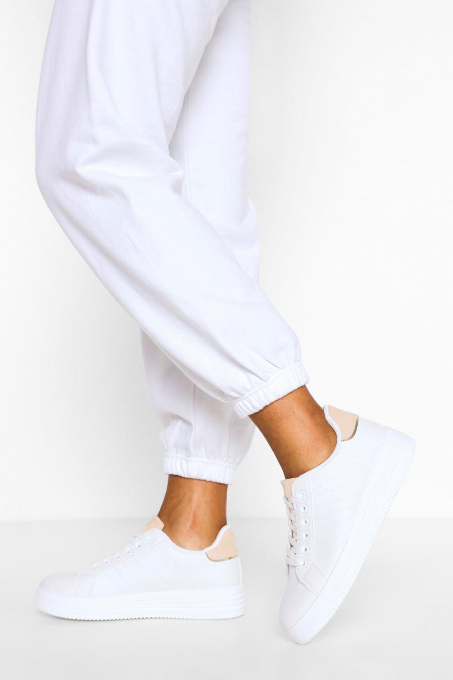 Flache Sneaker zum Schnüren mit Seitenstreifen, Weiß blanc image number 1