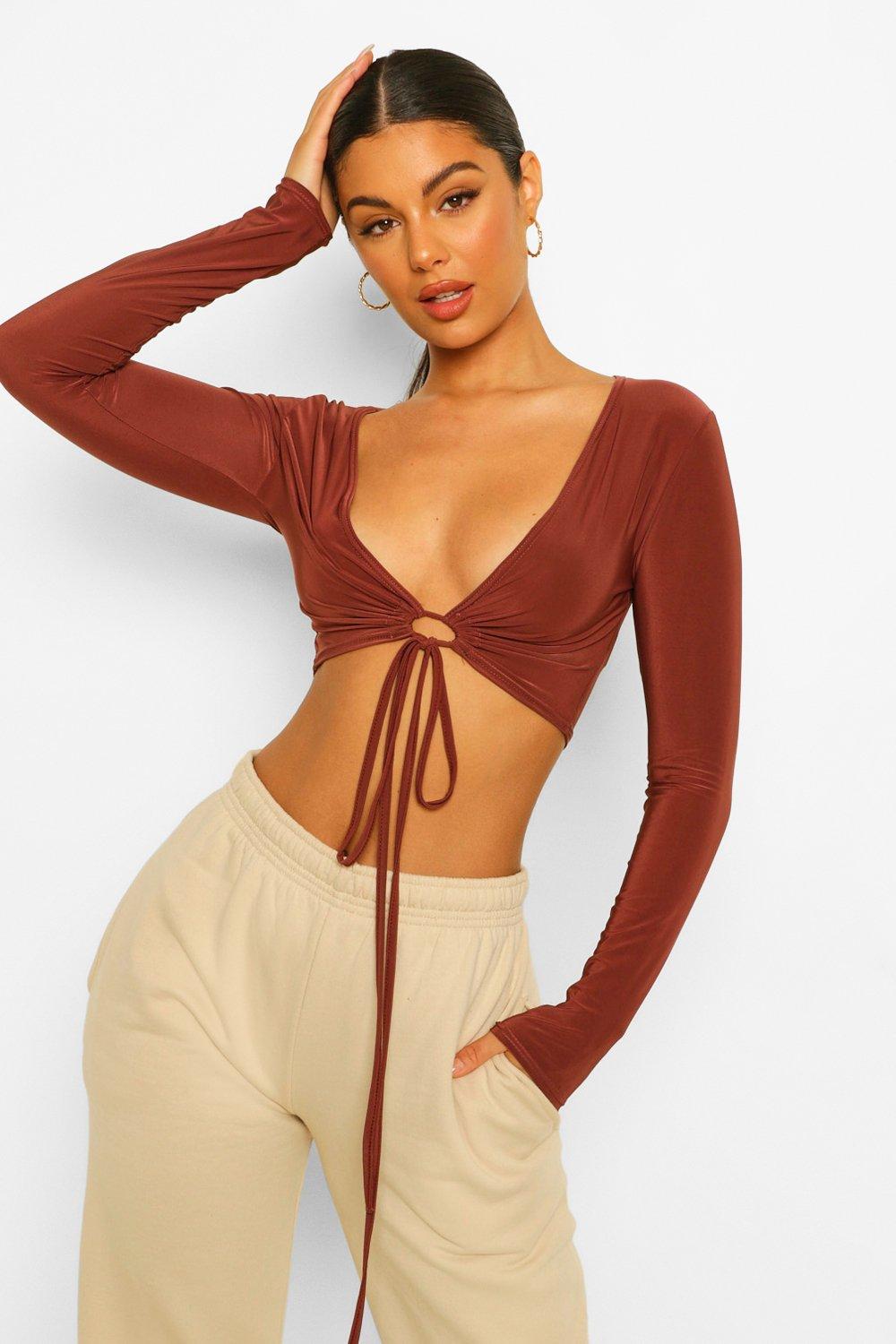 Long Sleeve Tie Front Crop Top Ireland, SAVE 49% 