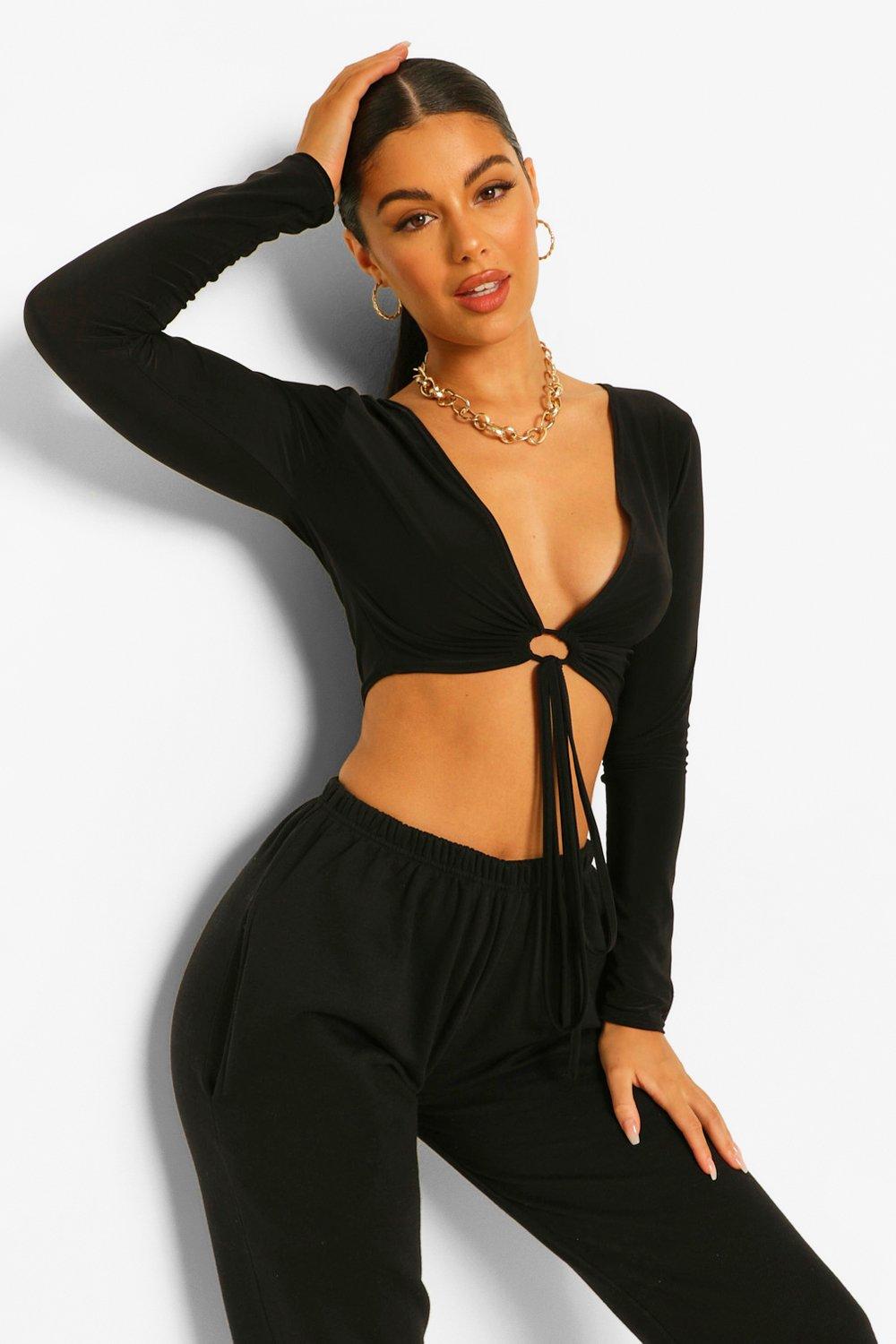 Buy Boohoo Long Sleeves Tie Front Yoga Top In Black