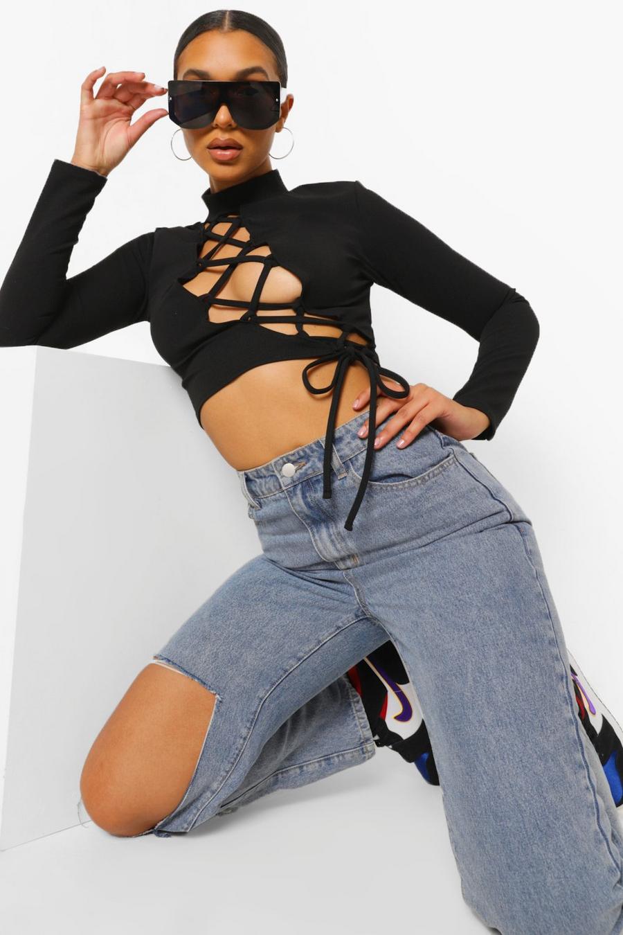Black Lace Up Front Long Sleeve Top image number 1