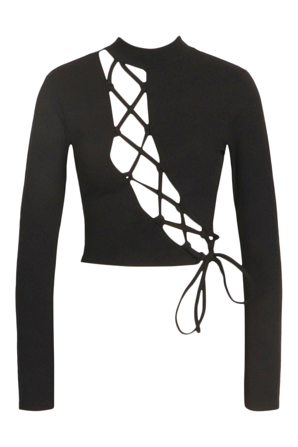 Black long sleeve 2024 lace up top