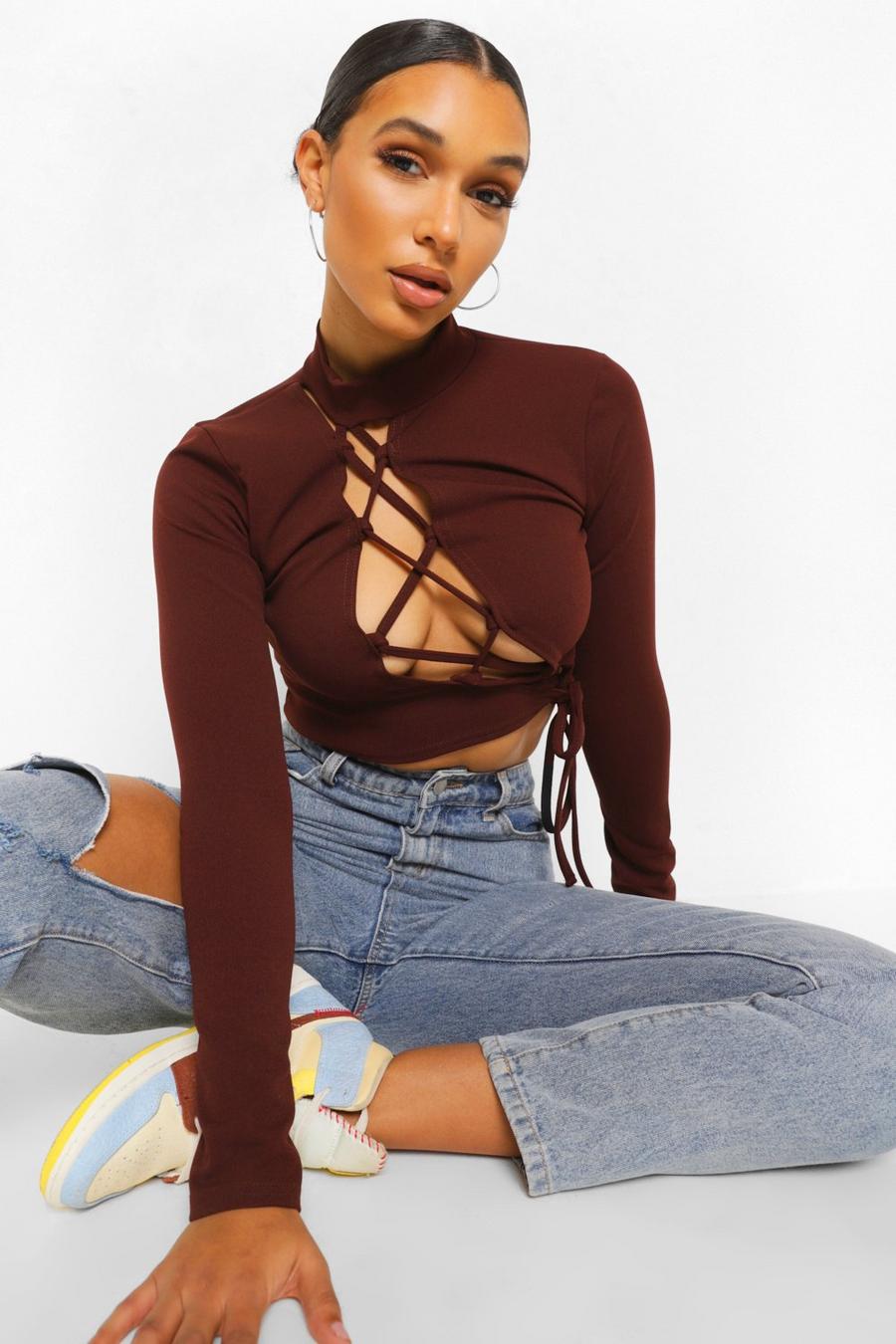 Chocolate Lace Up Front Long Sleeve Top image number 1