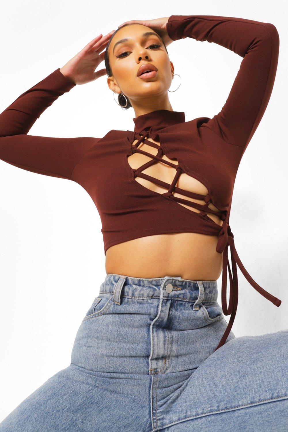 Lace up front long sleeve top best sale