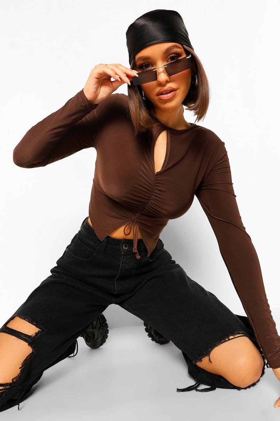 Chocolate Long Sleeve Keyhole Ruched Top image number 1