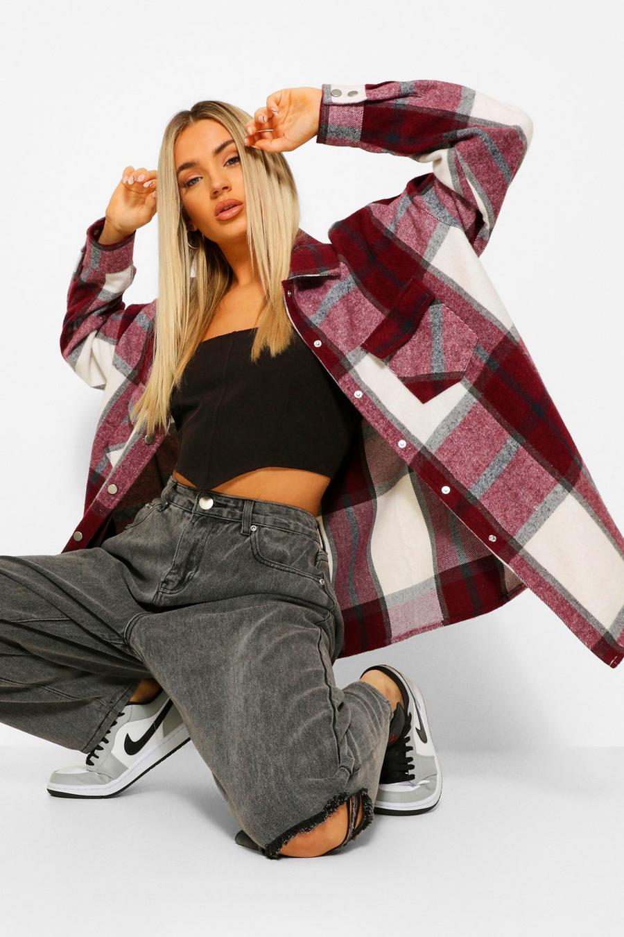 Berry Brushed Heavy Check Shacket image number 1