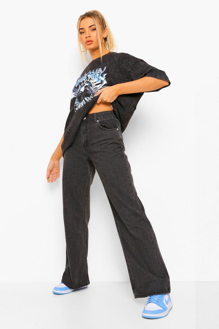 Basic Stretch-Jeans mit weitem Bein, Schwarz image number 1