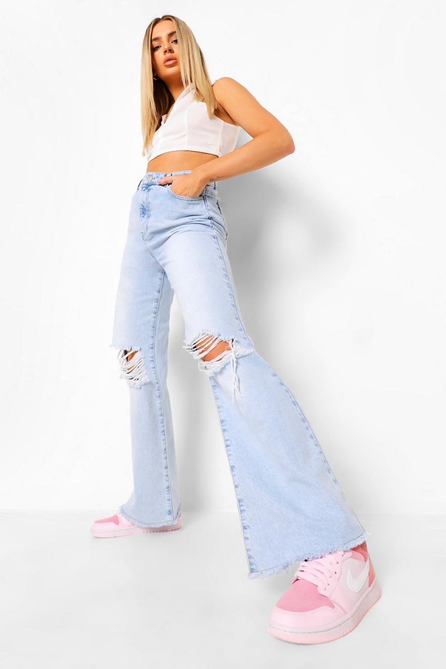 Mid blue Basic Stretch Rip Knee Flare Jeans image number 1