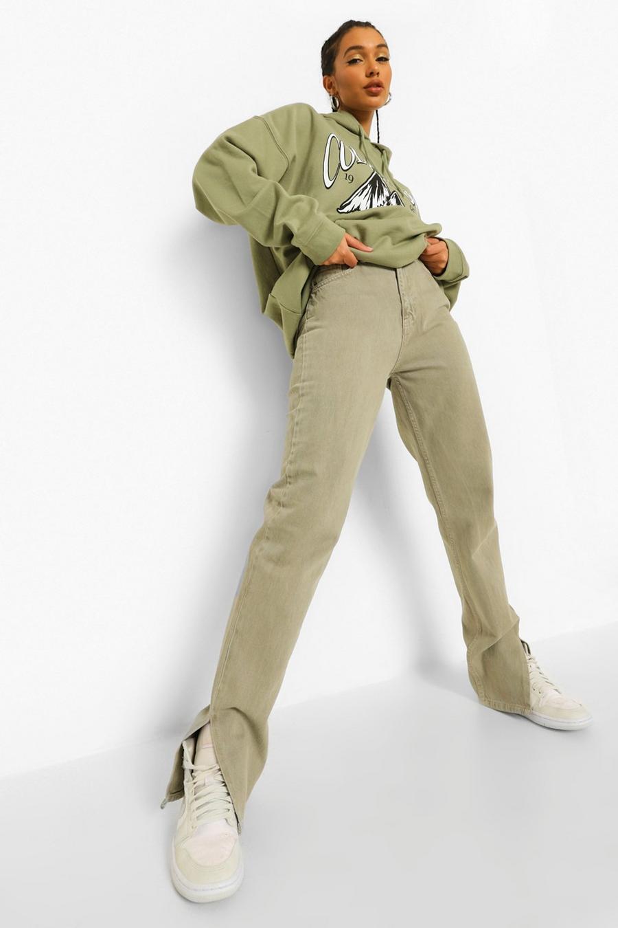 Khaki Side Split Straight Jeans image number 1