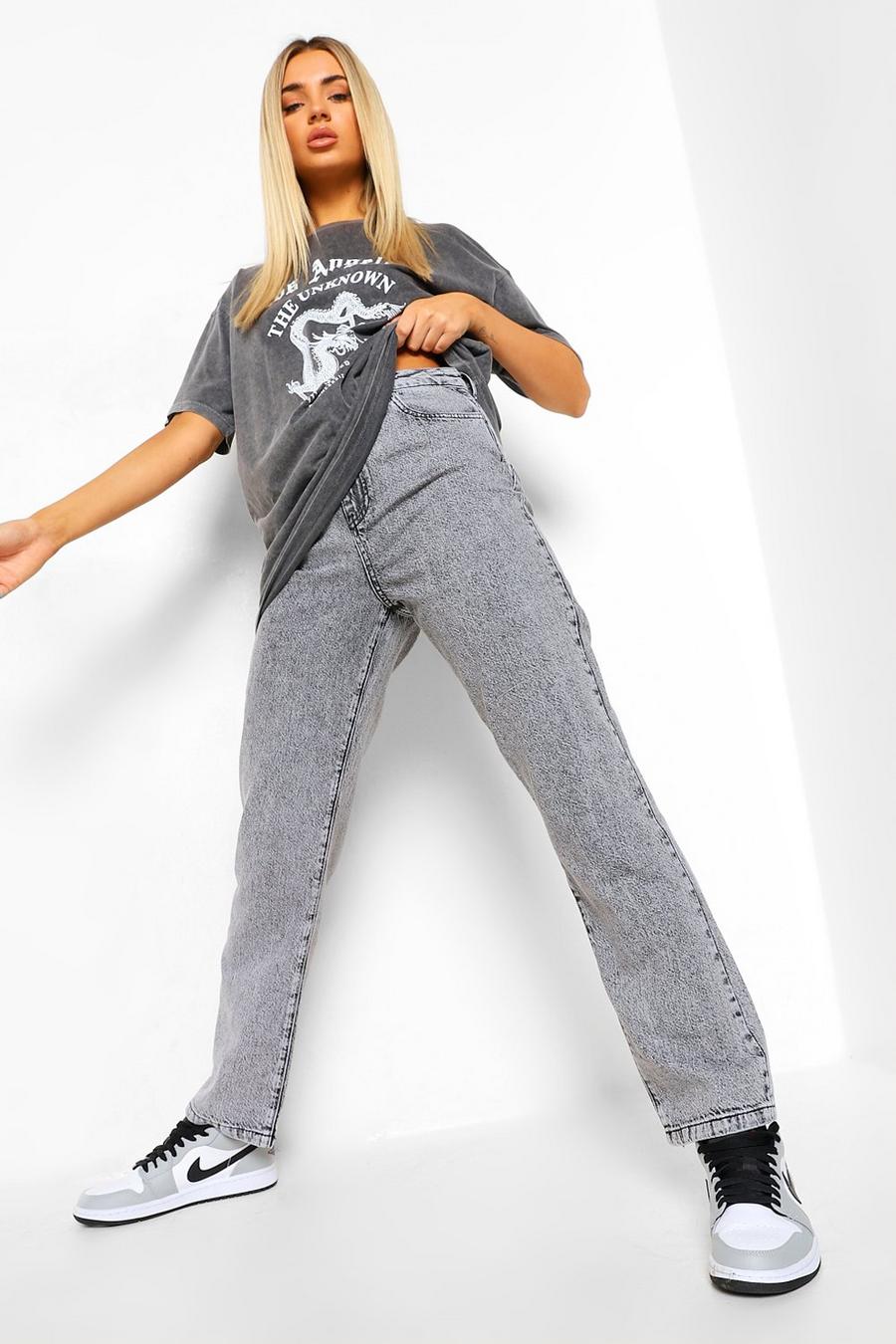 Grey Stentvättade jeans med utsvängda ben och slitsar image number 1