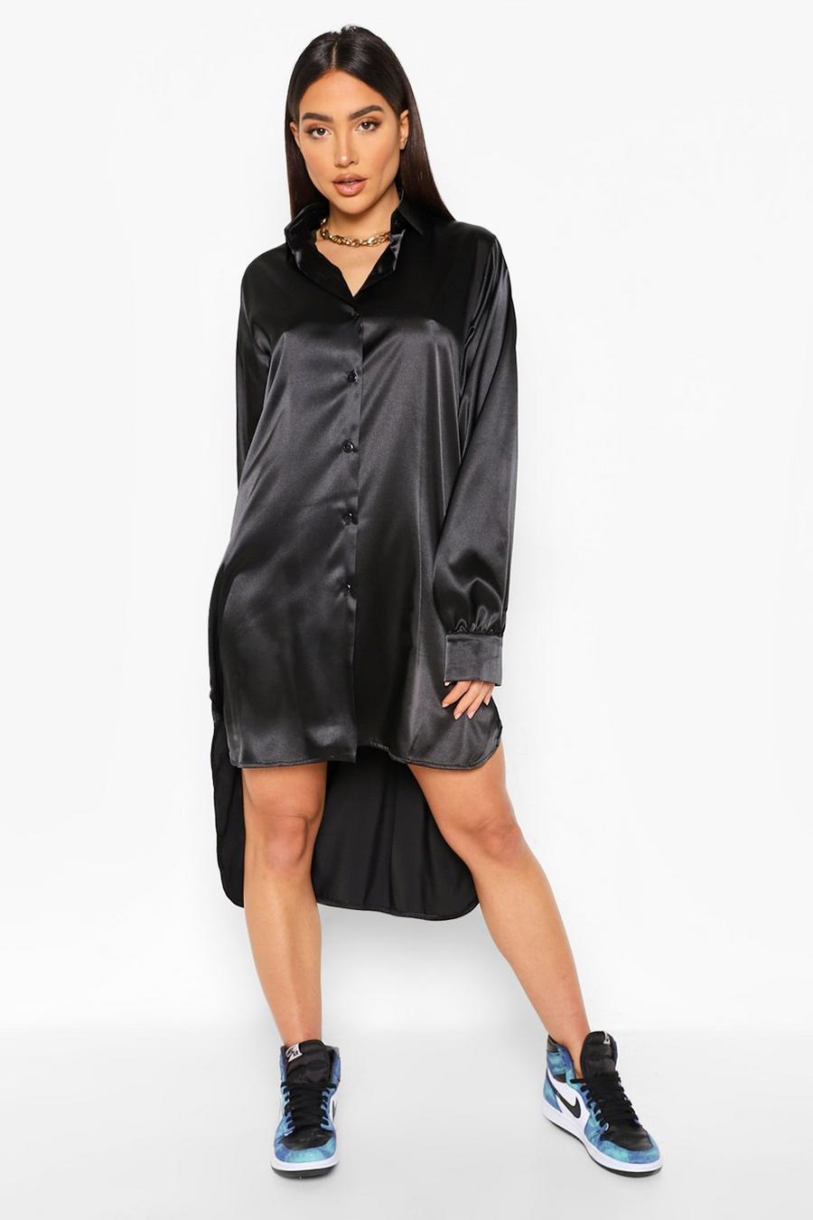 Robe chemise oversize en satin, Black image number 1