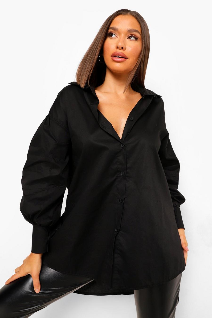 Camisa de algodón ancha con manga globo, Negro image number 1