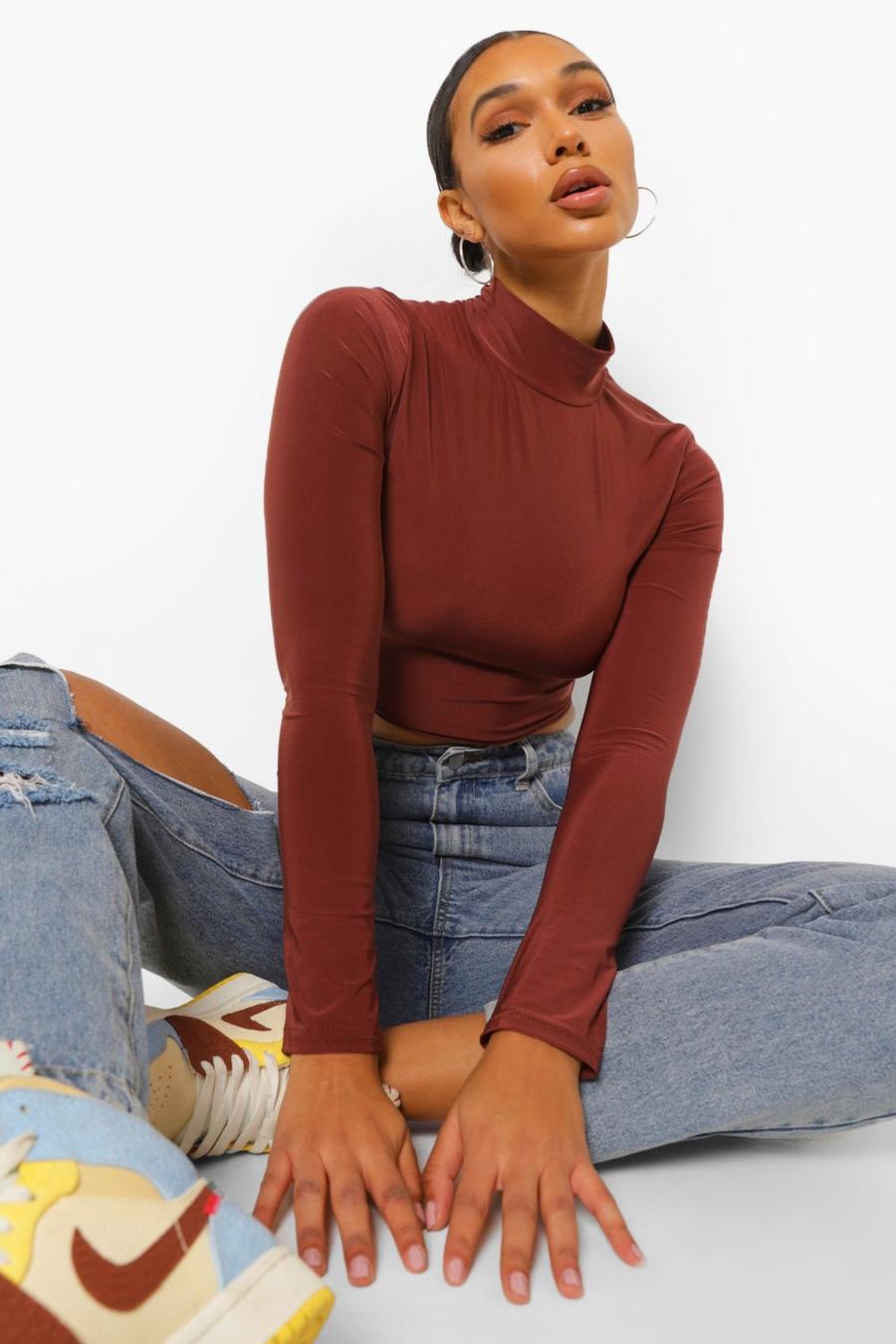 Chocolate Lace Up Back Long Sleeve Top image number 1