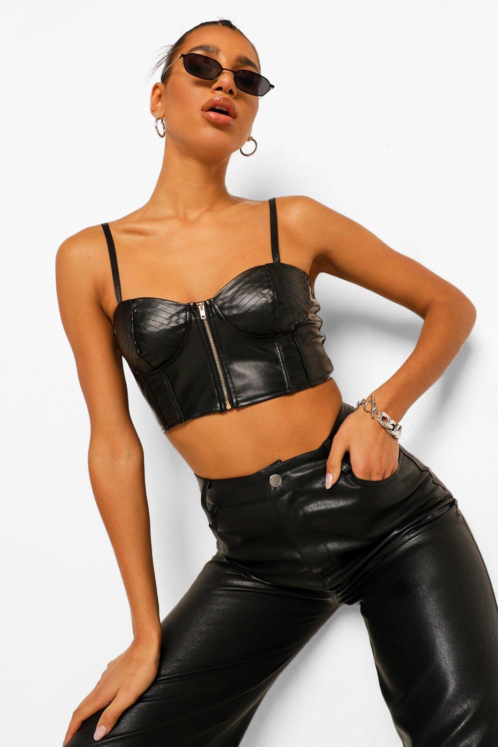 Womens Faux Leather Zipper Front Bustier Corset Top