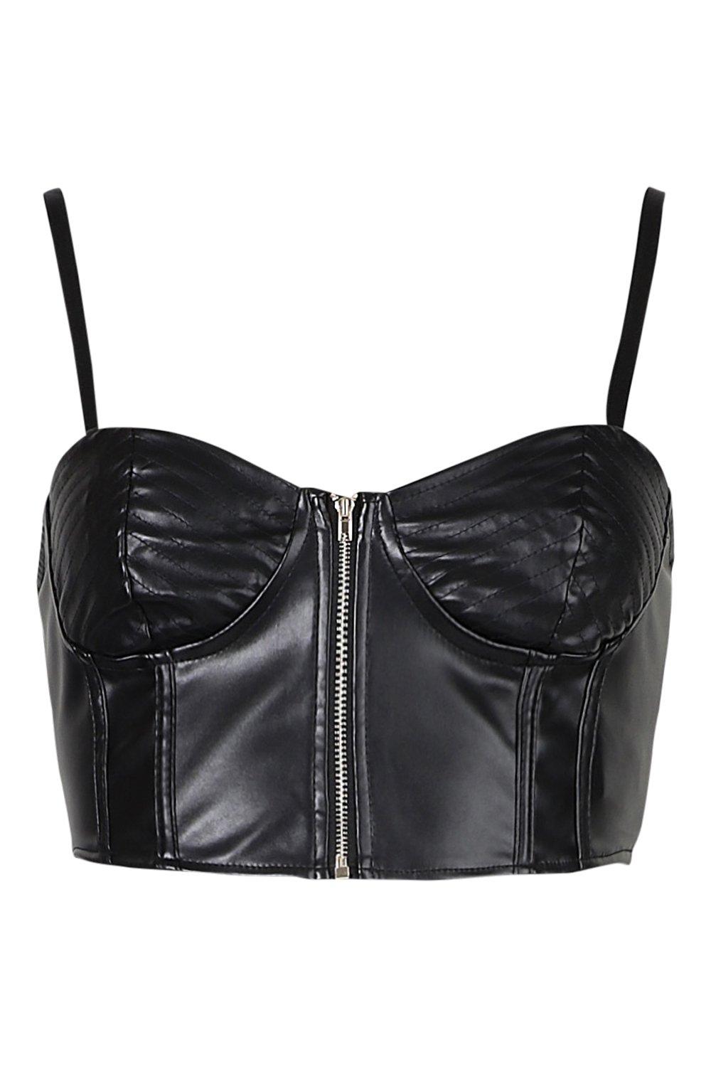 Womens Faux Leather Zipper Front Bustier Corset Top