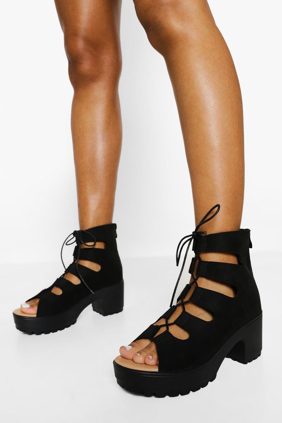 Black svart Cleated Peep Toe Lace Up Sandals
