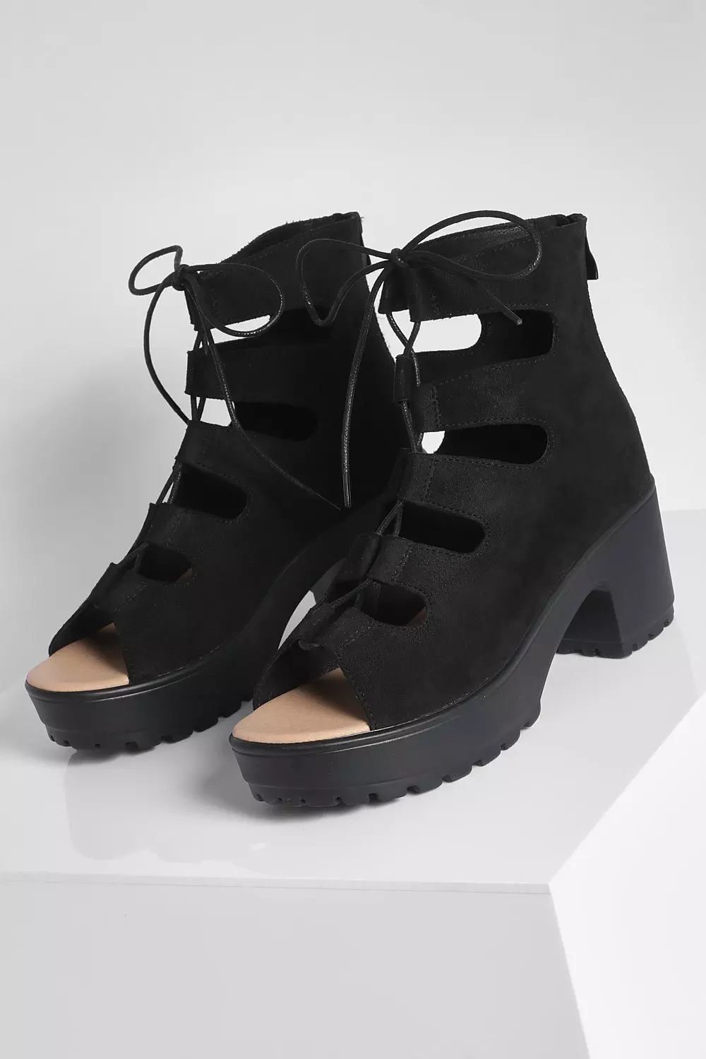 Black faux suede best sale lace up flatform sandals