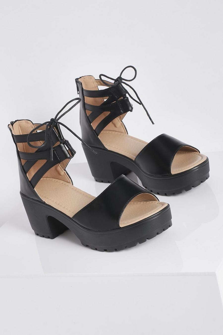 Black svart Lace Up 2 Part Cleated Sandals image number 1