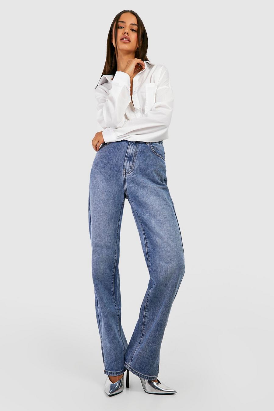 Gerade Jeans mit hohem Bund und geteiltem Saum, Mittelblau image number 1