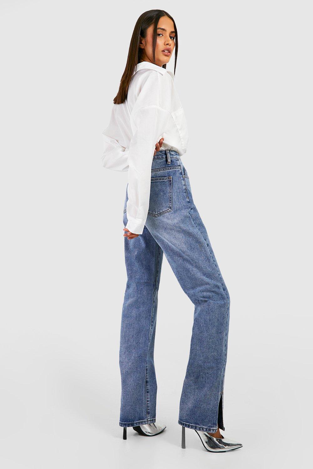 high rise split hem straight leg jean
