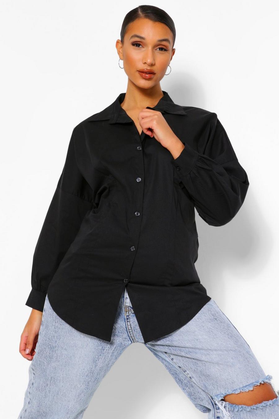 שחור חולצה עם קפלים מלפנים ושרוולי בלון  image number 1