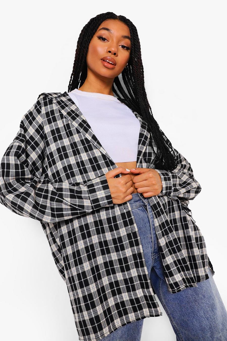 Black Check Oversized Shirt With Hood image number 1