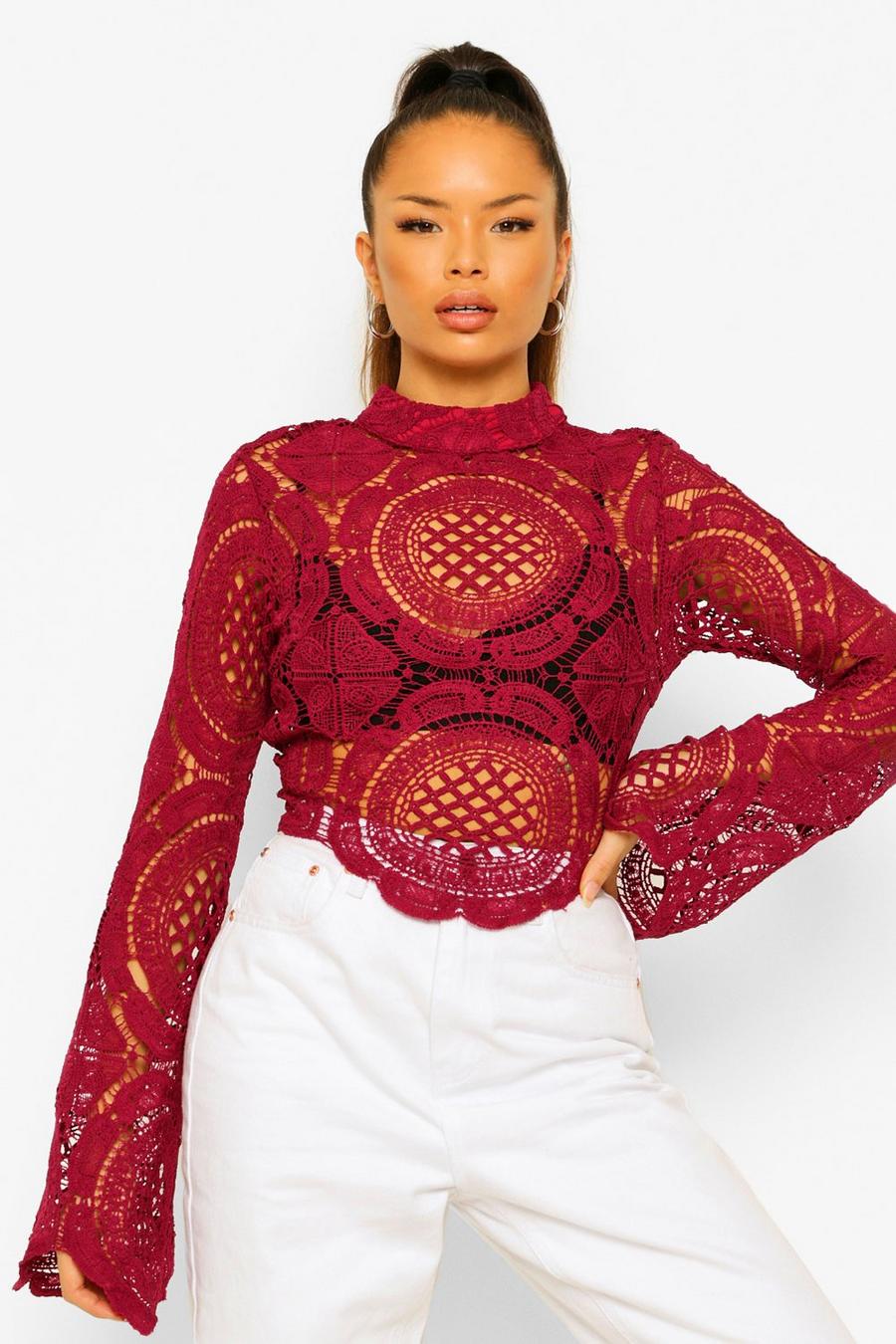 Berry Turtle Neck Crochet Lace Crop Top image number 1