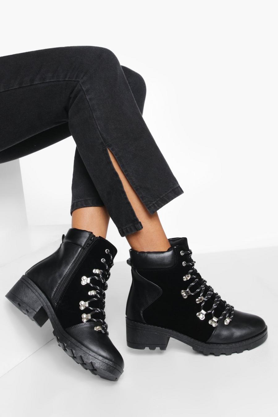 Black noir Wide Fit Contrast Lace Hiker Boots
