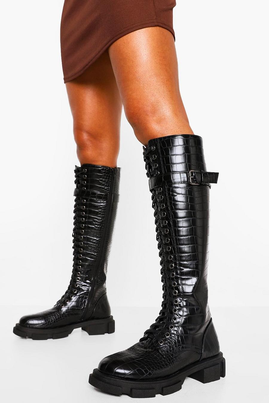 Black Croc Lace Up Buckle Knee High Combat Boots image number 1