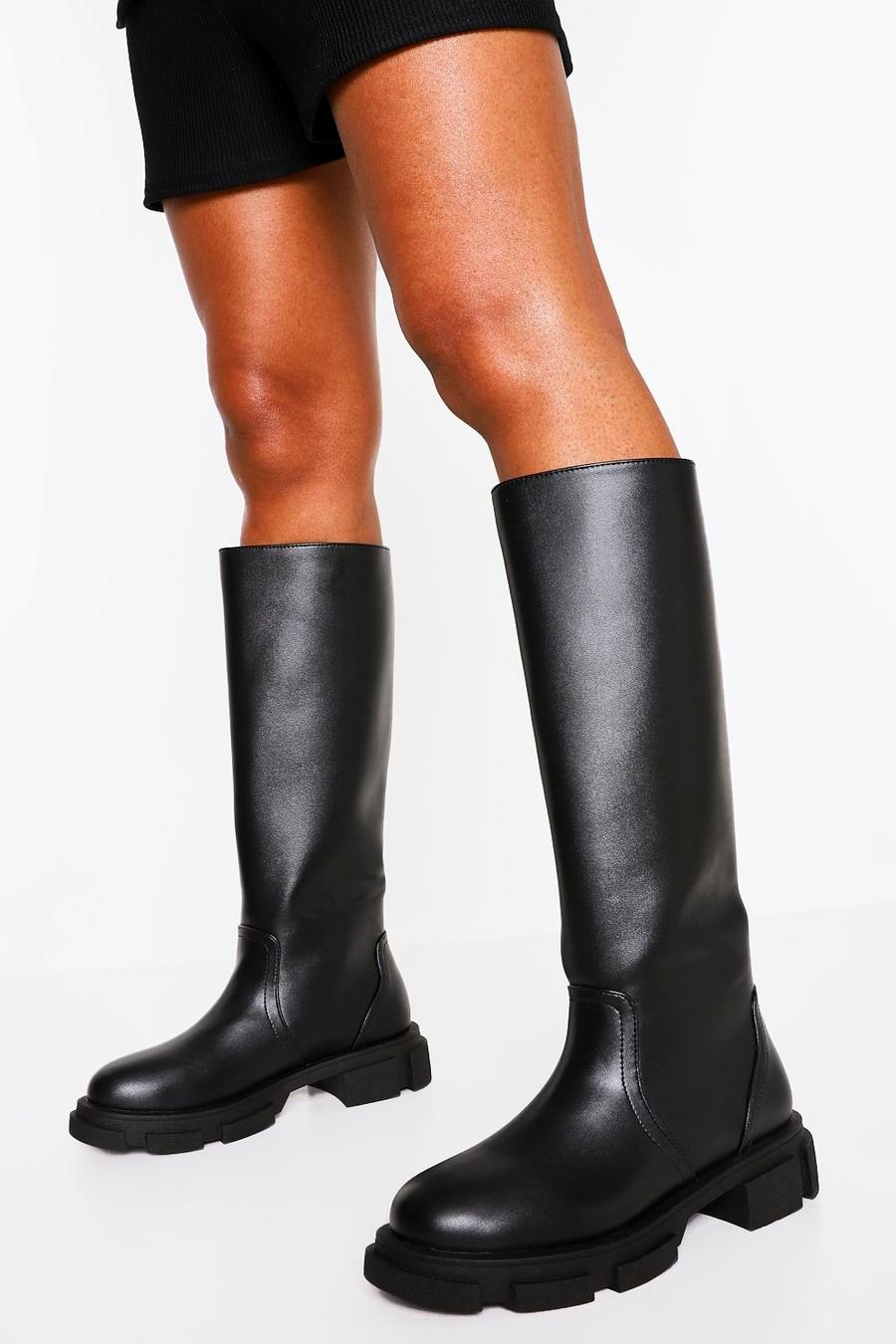 Black Pull Chunky Knee High Boots image number 1