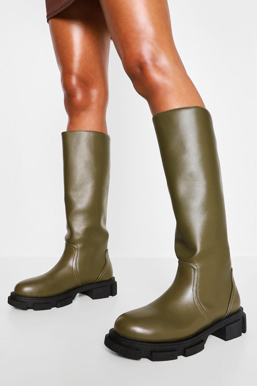 Khaki Pull Chunky Knee High Boots image number 1