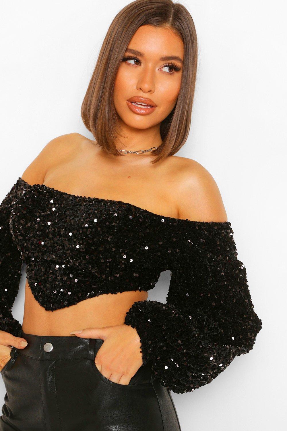 black sequin off the shoulder top