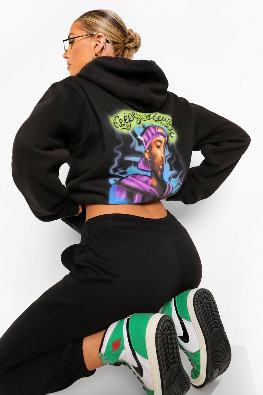 Printed Hoodie mit Tupac Graffiti-Aufdruck auf dem Rücken, Schwarz image number 1