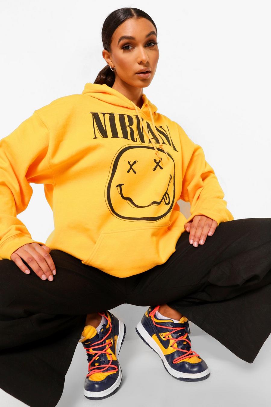 Yellow Hoodie med officiellt Nirvana-tryck och smiley image number 1