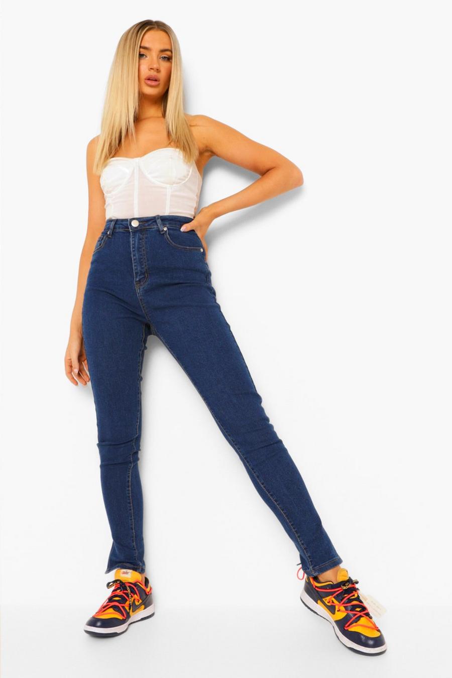 High-Waist Skinny Jeans mit geteiltem Saum, Mittelblau image number 1