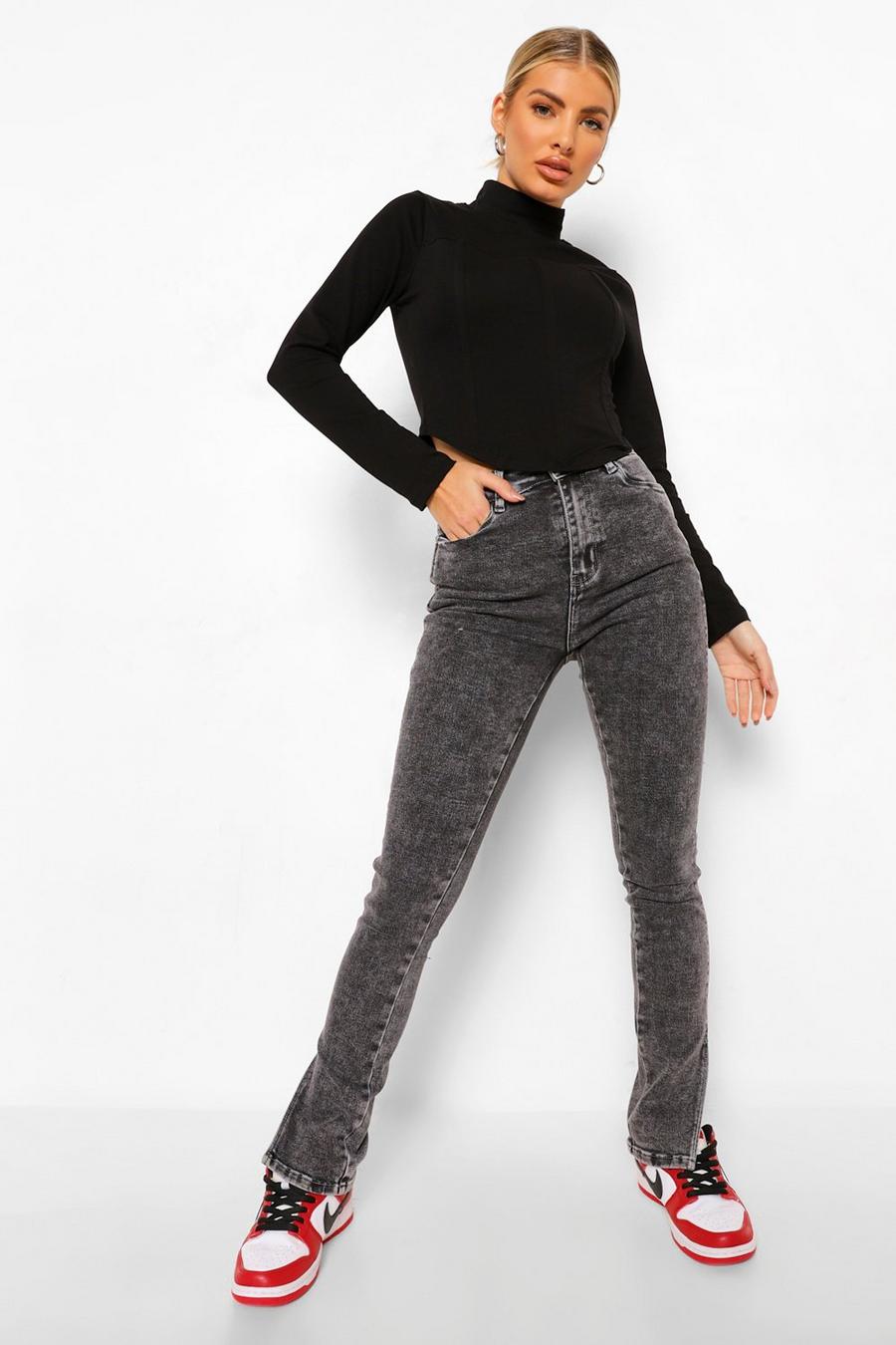 Grey Stentvättade jeans med stretch och slitsar image number 1