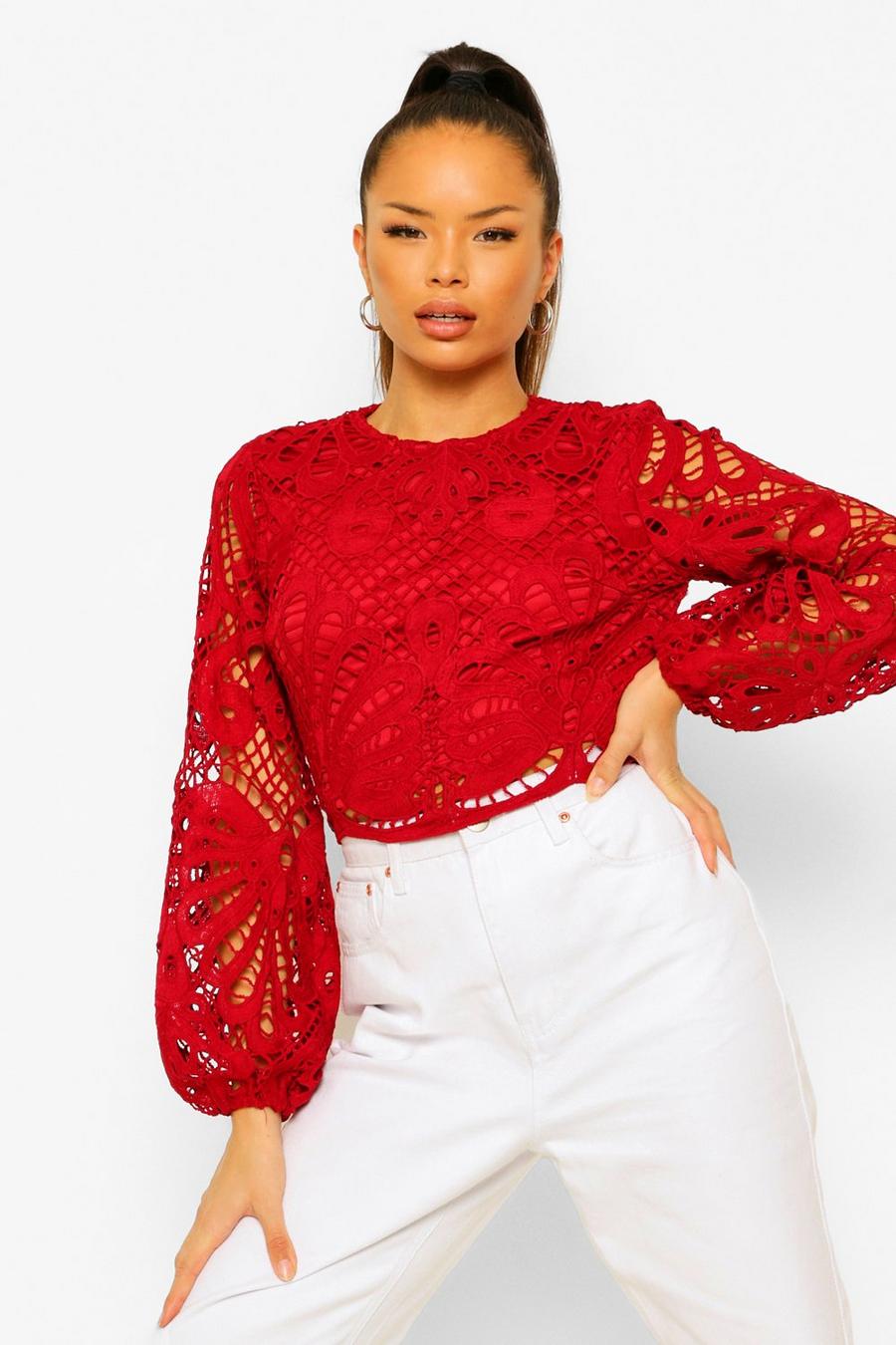 Berry Lace Oversized Sleeve Crop Top image number 1