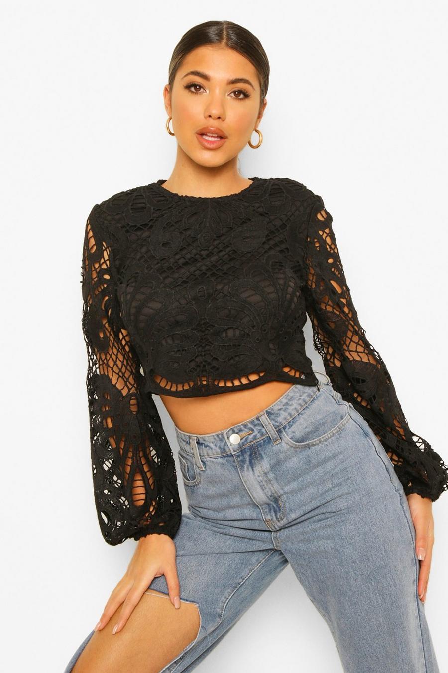 Black Lace Oversized Sleeve Crop Top image number 1