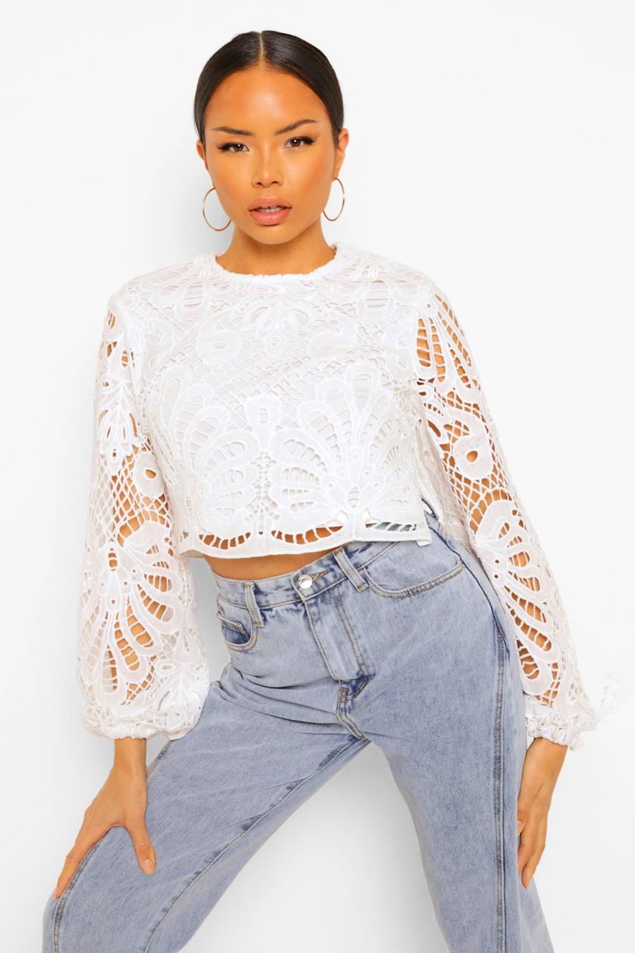 Ivory Lace Oversized Sleeve Crop Top image number 1