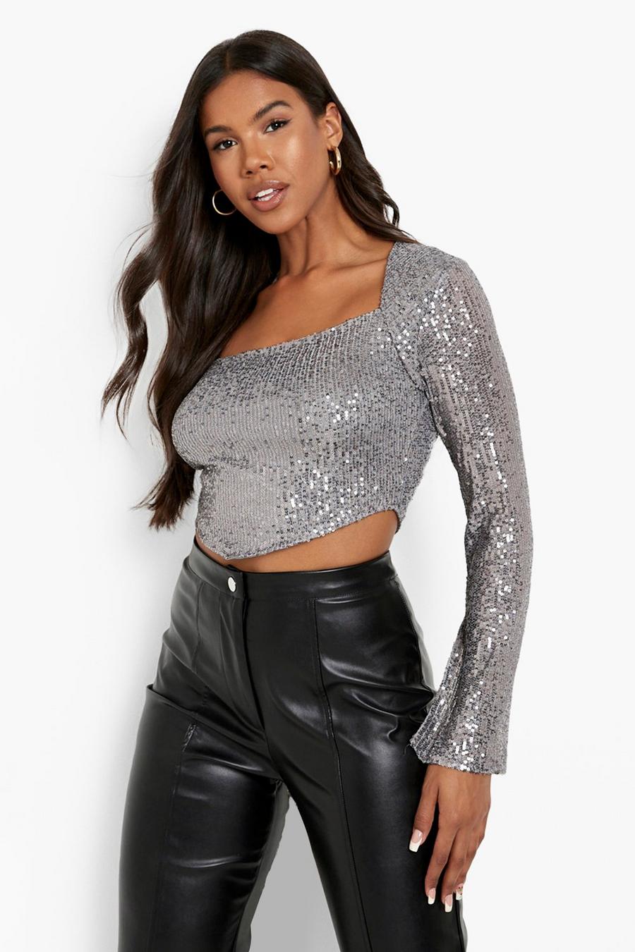 Silver Sequin Split Sleeve Square Long Sleeve Top image number 1