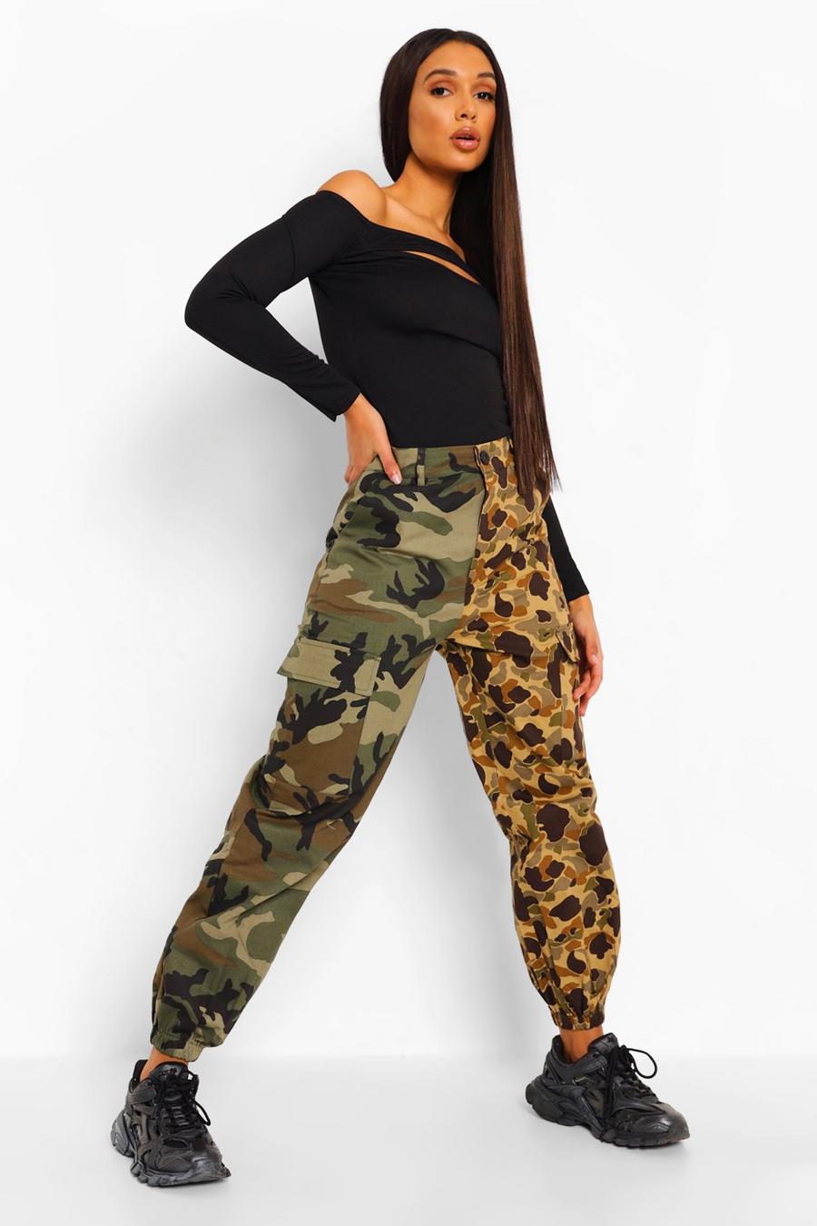 Pantalon cargo à imprimé camouflage contrasté, Kaki image number 1