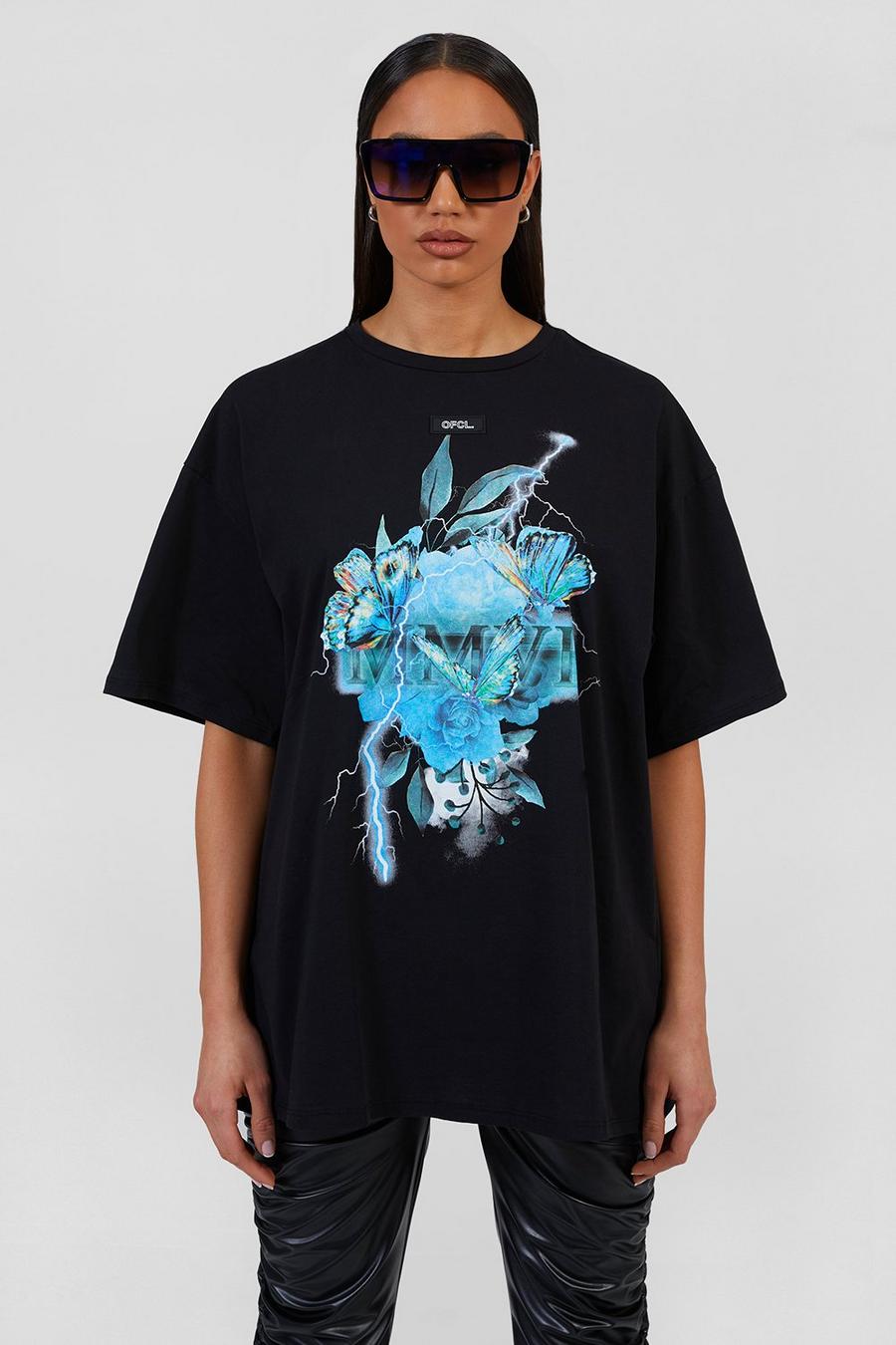 Black Oversized Butterfly Graphic Print T-shirt image number 1