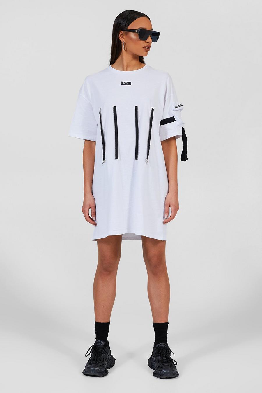 White Oversized Utility T-shirt Dress With Zip Detail image number 1