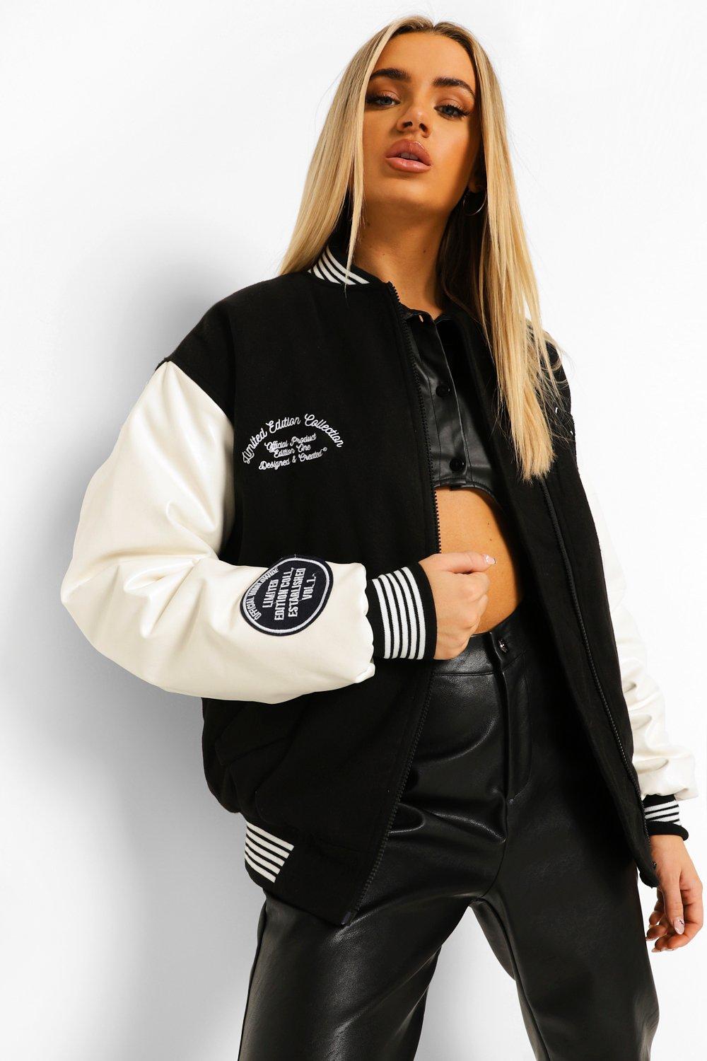 black varsity bomber jacket