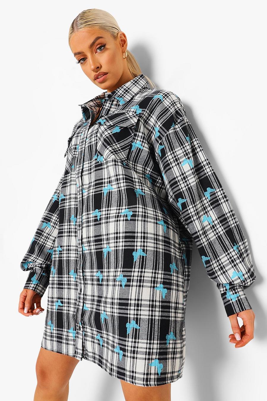 White Butterfly Check Oversized Shirt Dress image number 1