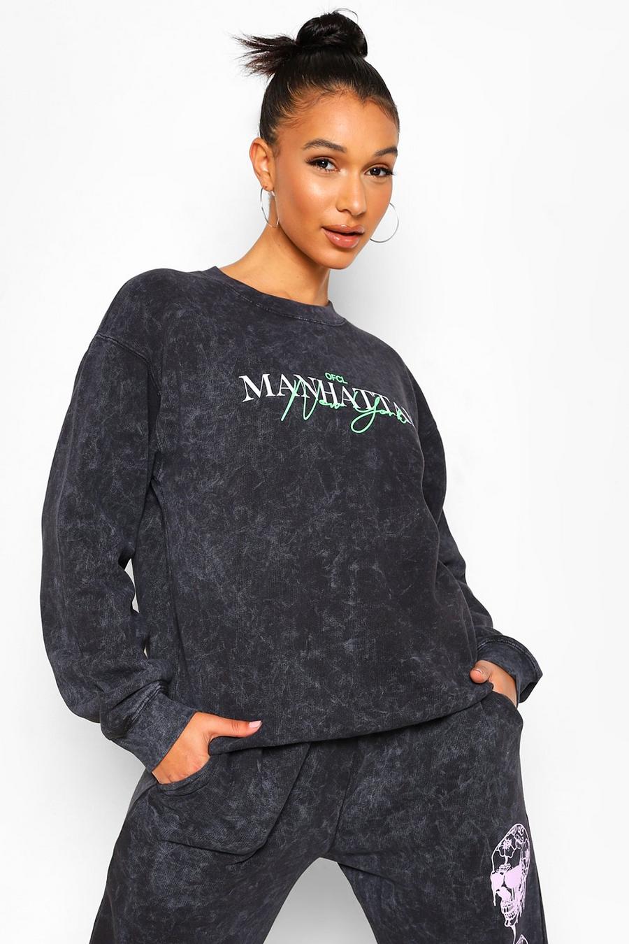 Charcoal Oversize sweatshirt med stentvättad effekt och slogan i neonfärg image number 1