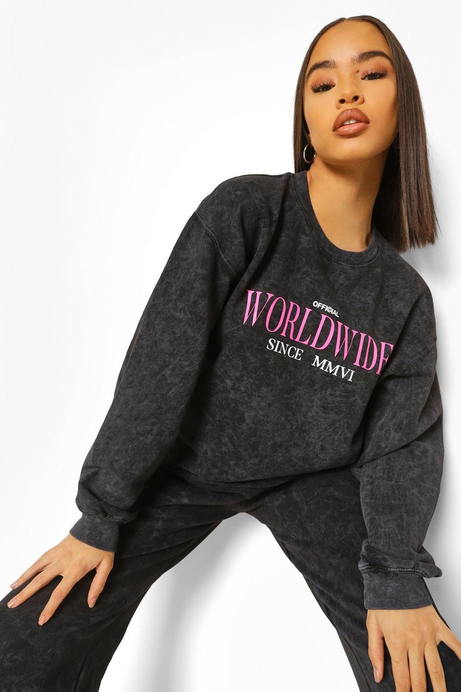 Charcoal Oversize sweatshirt med stentvättad effekt och neonfärgat tryck image number 1