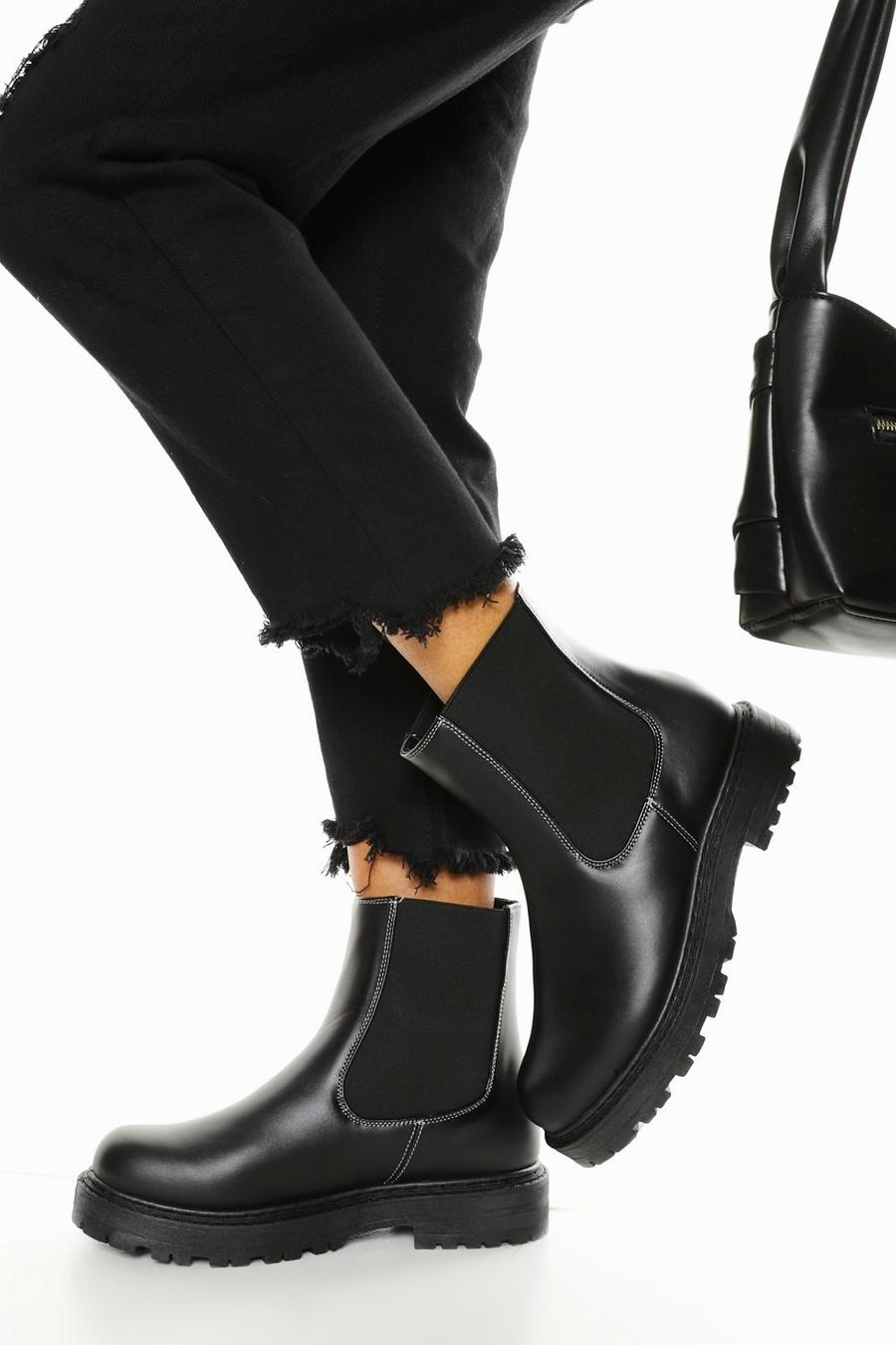 Black noir Brede Stevige Chelsea Boots Met Contrasterende Stiksels image number 1